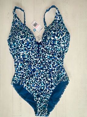 Blue Rod Beattie Women’s One Piece Bathing Suit Blue Leopard Print Size 10